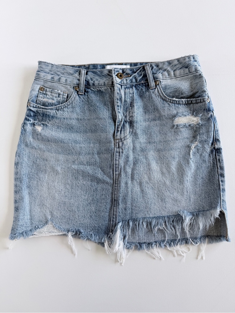 Pistola Distressed Denim Mini Skirt 28 Asymmetrical Frayed Hem 100% Cotton